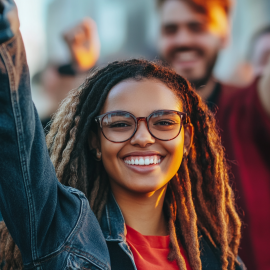 A smiling woman in a crowd during a demonstration illustrates social justice work combined with pleasure activism