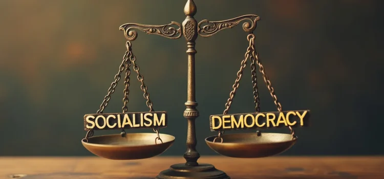 A balance scale with SOCIALISM on one side and DEMOCRACY on the other illustrates socialism vs. democracy