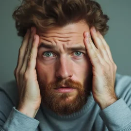 A man with his hands on the sides of his head illustrates the question, "How does stress impact memory?"