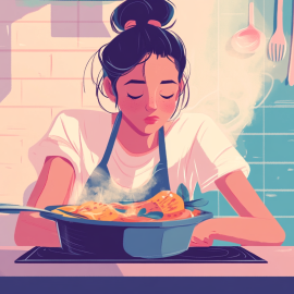 A woman who's tired at home and cooking dinner