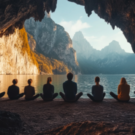 A group of people sitting in a cave by the ocean representing the new 2025 travel trends