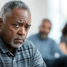 A middle-aged man with gray hair and goatee who looks upset illustrates taking offense