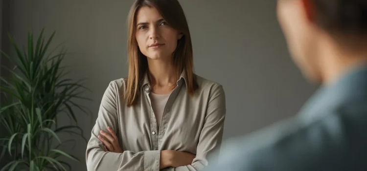 A woman looking calm and serious when a man is talking to her illustrates how to maintain composure