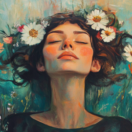 A painting of a woman with her head tilted up, eyes closed, and surrounded by flowers illustrates peace with yourself