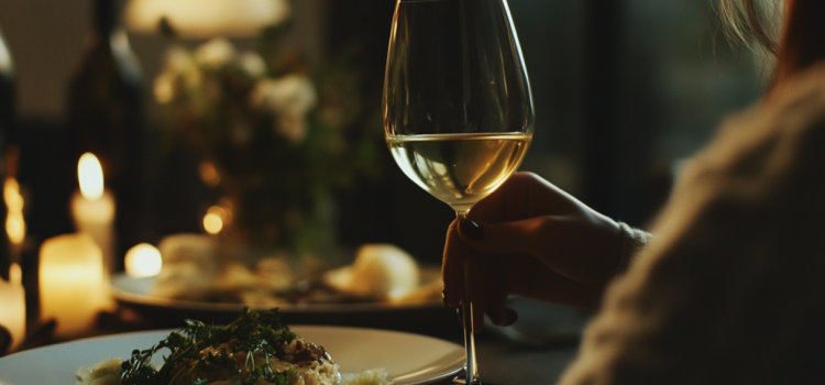 A woman's hand holding a glass of white wine at a dinner table brings up the question, "how much alcohol is okay?"