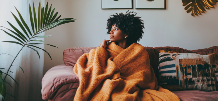 A tired woman wrapped in a blanked on a couch who is struggling from the consequences of being overworked