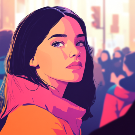 A drawing of a confident and serious young woman in a crowd illustrates how to respond to criticism