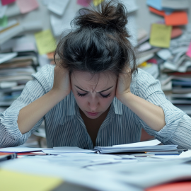 A stressed out woman surrounded by piles of paper showing one of the myths about success
