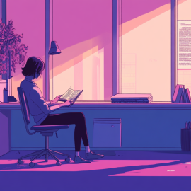A sketch of a woman reading a book at a desk in an office