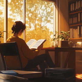 A sketch of a woman reading a book while sitting at a desk in a home office