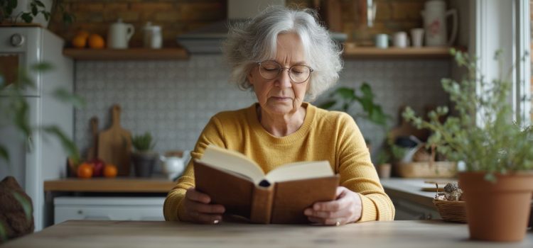 An older woman with gray hair reading a book in the kitchen