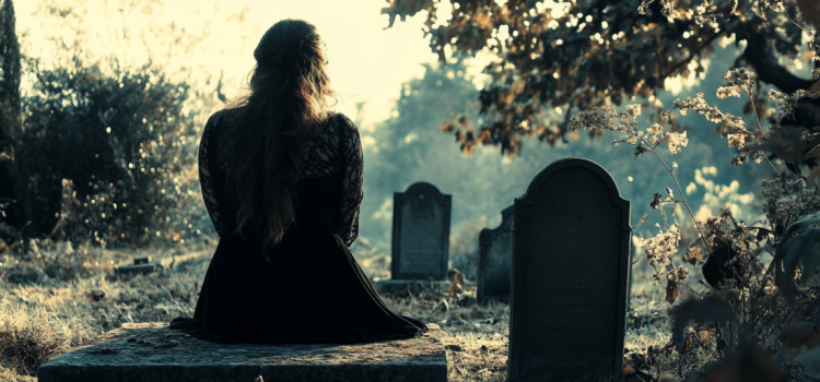 A woman sitting at a grave in a cemetery after losing her spouse to cancer
