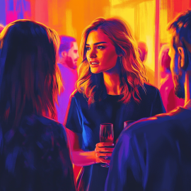 A woman talking at a party and showing how to be a great conversationalist