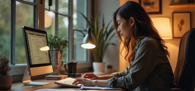 The Ethical Use of AI Can Protect Us From AI’s Dangers (Harari) A woman using a desktop computer at a desk in front of a window illustrates the ethical use of AI