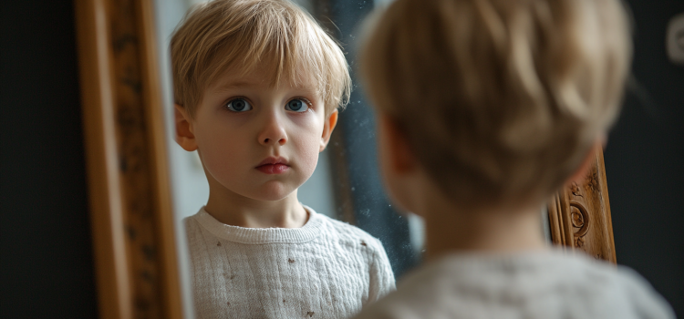 A young boy with blonde hair looking at himself in the mirror illustrates how identity is formed