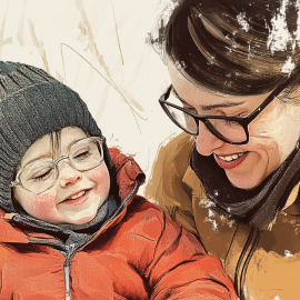 A sketch of a mother and a child wearing glasses illustrates parenting a child with a disability