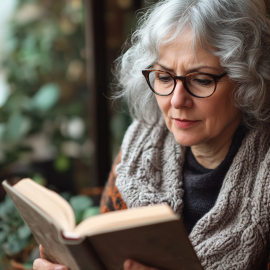 An older woman with gray hair and glasses reading a book and surrounded by plants