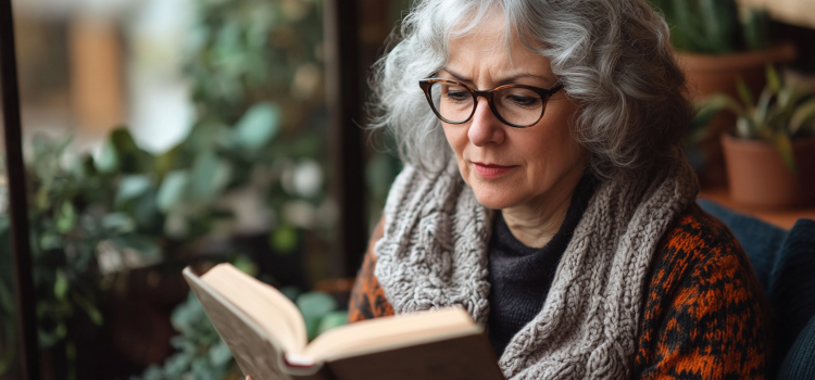 An older woman with gray hair and glasses reading a book and surrounded by plants
