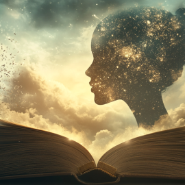 An open storybook, clouds, and a silhouette of a girl's head illustrates narratization