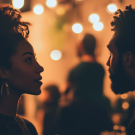 A woman listening to a man at a party illustrates social processing