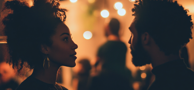 A woman listening to a man at a party illustrates social processing