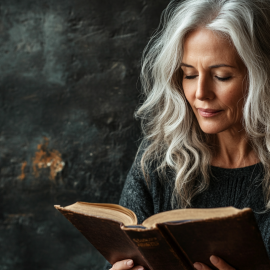 A woman with long wavy gray hair reading a hardcover book