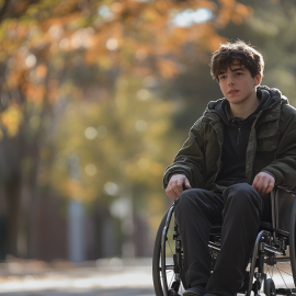 A young man in a wheelchair in a park illustrates horizontal identities