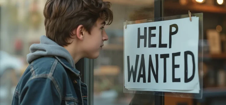 A teenage boy looking at a "HELP WANTED" sign in a store window illustrates opportunities for success