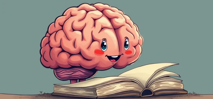 A cartoon drawing of a brain reading a book illustrates the reading brain