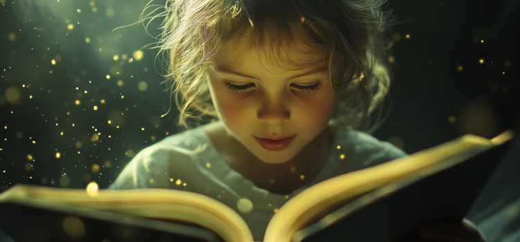 A child reading a book illustrates the question, "How do children learn to read?"