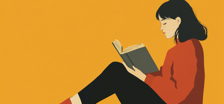 A drawing of a woman with dark hair and an orange sweater reading a book and sitting on the floor