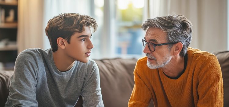A teenage boy and a father or father figure sitting on a couch and having a serious conversation illustrates your role models
