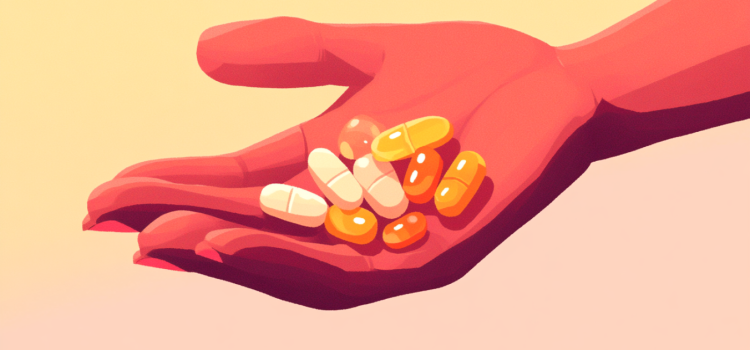 A cartoon image of a hand holding a handful of anti-aging drugs
