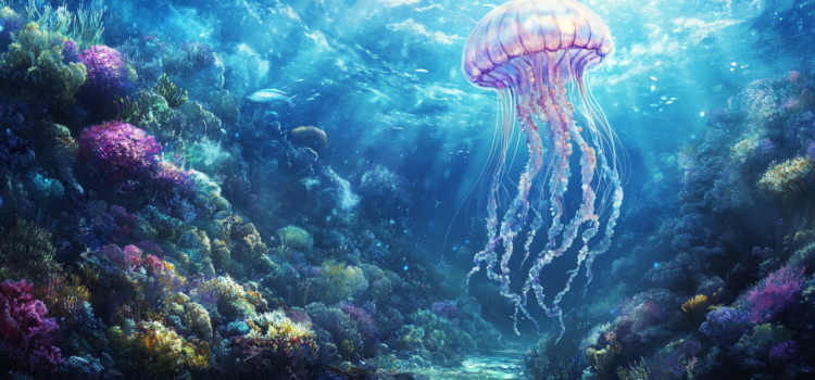 An artistic image of a jellyfish swimming in the ocean