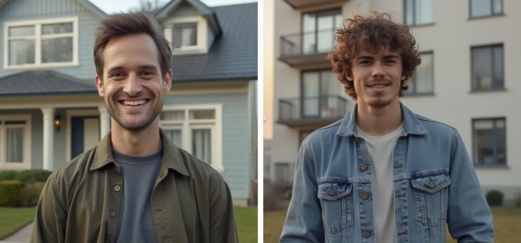 A man in front of a house and a man in front of apartments illustrates the link between socioeconomic status and success