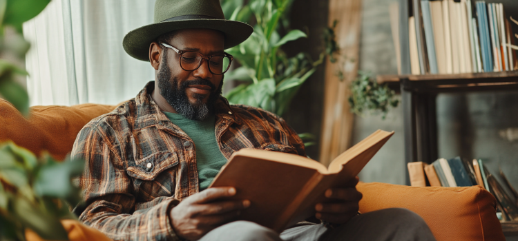 A man wearing hipster clothing reading a book