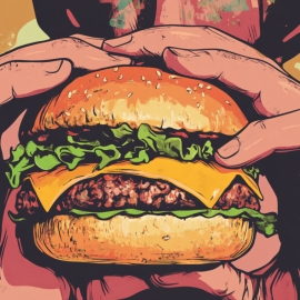 A cartoon image of a person holding a burger who isn't practicing calorie restriction