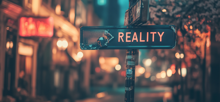 A street sign in a city that reads "REALITY" telling people to accept reality