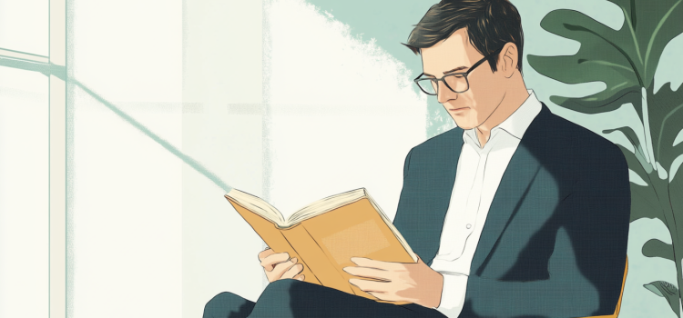 A sketch of a man in a business suit sitting in a chair and reading a book by a window and fig tree