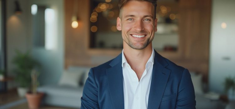 A smiling professional man in a blue suit jacket and white shirt illustrates the link between testosterone and success