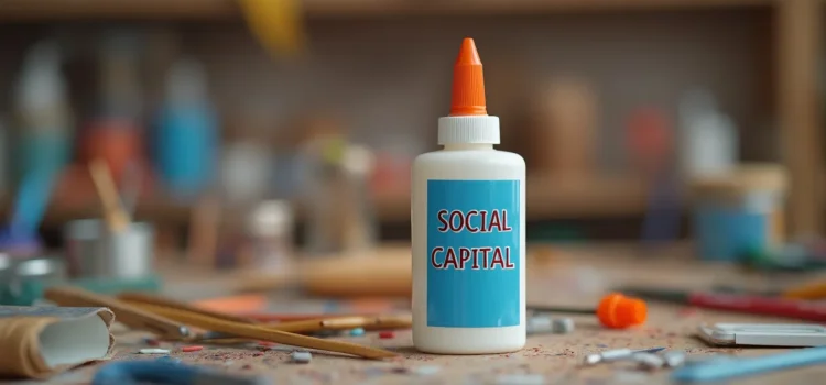 A container of glue in a craft workshop with a label that says "SOCIAL CAPITAL" illustrates how it holds society together