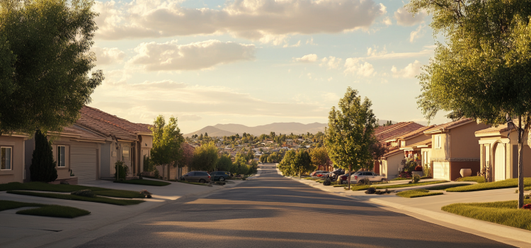 A suburban street with houses illustrates the effects of suburbanization