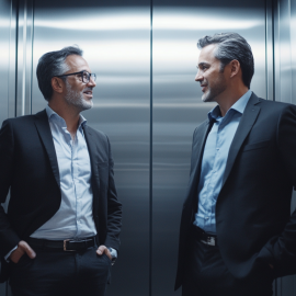 Two professional men talking in an elevator illustrate distilling data in a way that communicates the main points succinctly