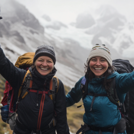 Two smiling women backpacking in the mountains illustrates happiness activities