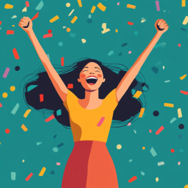 A drawing of a smiling woman with closed eyes and arms raised in victory illustrates motivation to succeed