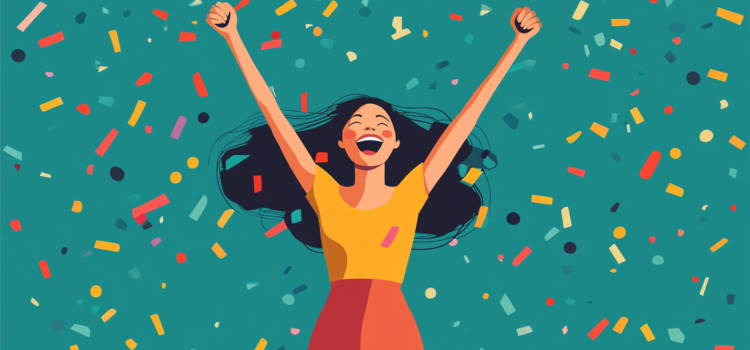 Motivated to Succeed: How Drive Can Make a Huge Difference A drawing of a smiling woman with closed eyes and arms raised in victory illustrates motivation to succeed