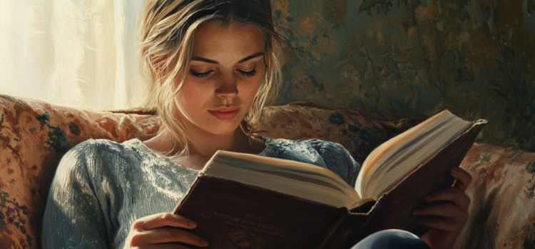 A woman reading a book in a chair