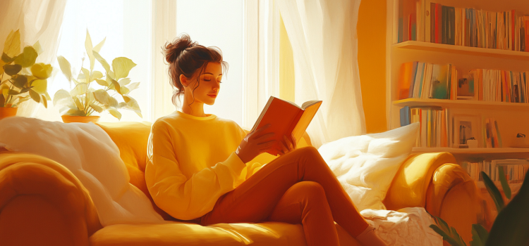 A woman reading a book in her living room