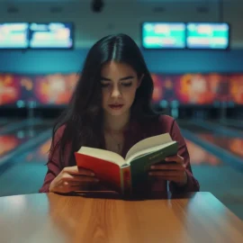A woman with long, dark hair reading a book alone at a table in a bowling alley