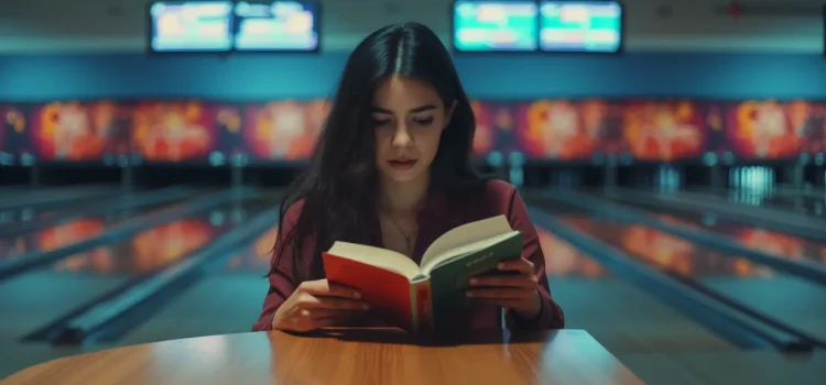 A woman with long, dark hair reading a book alone at a table in a bowling alley